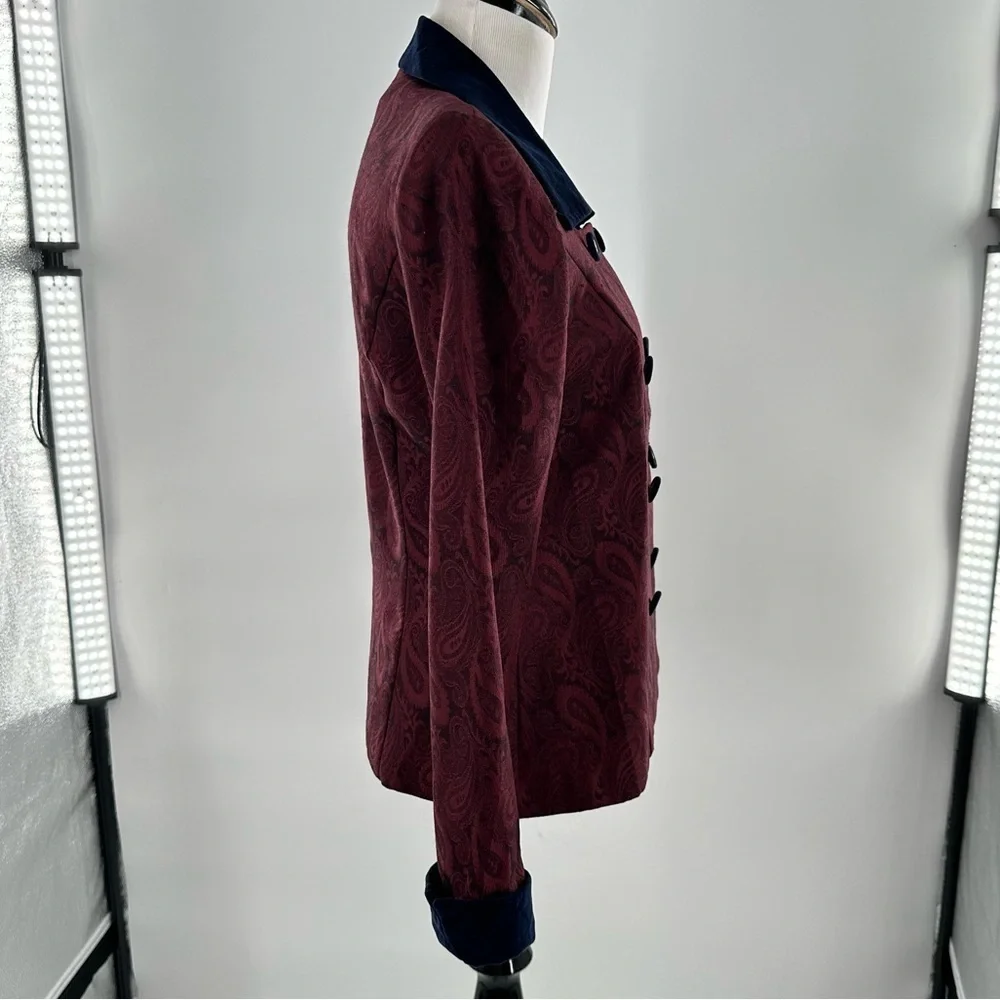 Jessica Howard blazer size 4 burgundy navy velvet paisley double breasted 90s